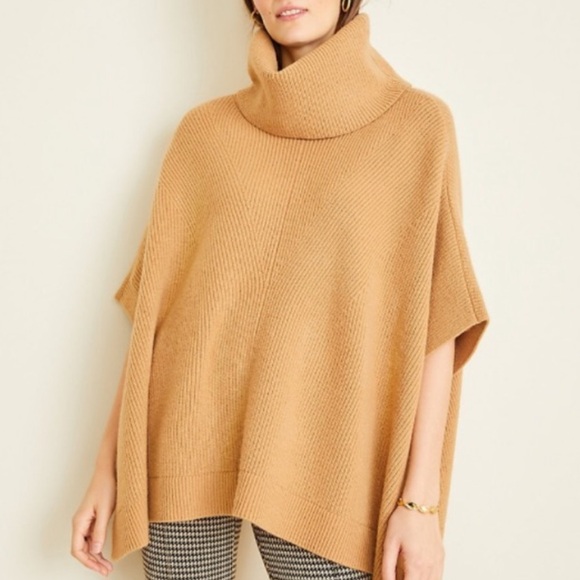 Camel ribbed Ann Taylor sweater turtleneck poncho - Picture 10 of 12